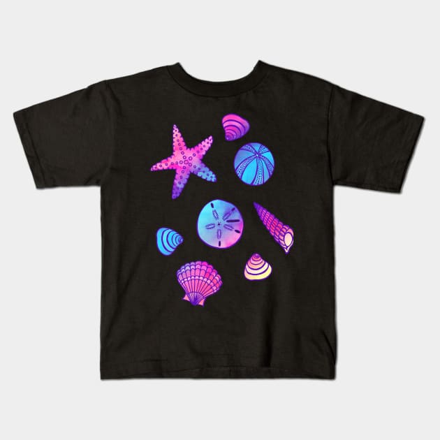 Beach Treasures - Seashells Bright Gradient on Dark Kids T-Shirt by Olooriel